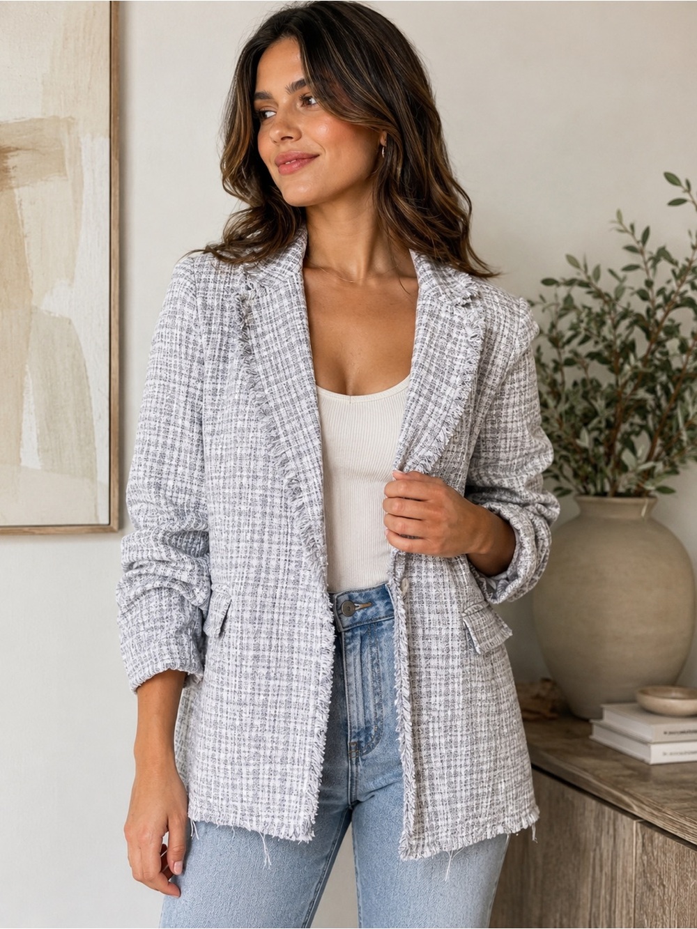 Maison d'Amelie Blazer Women 4 Blue Plaid Chenille Knit Fringe 3/4 Sleeve Jacket